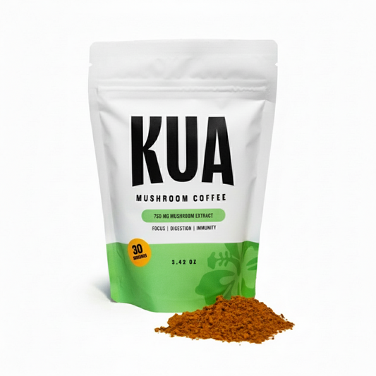 KUA Mushroom Coffee package with ground coffee on a white background