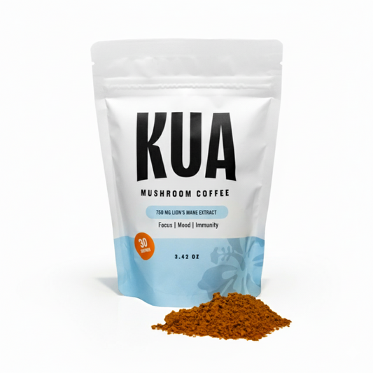KUA Mushroom Coffee package with coffee powder on a white background